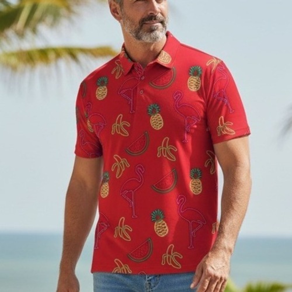 Proud 90 Men 2X Hawaiian Tropical Flamingo Pineapple Golf Performance Polo Shirt